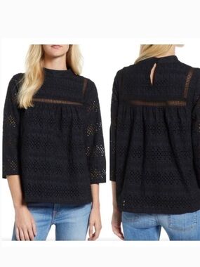 Vineyard Vines Mock Neck Eyelet Top Jet Black Size 4